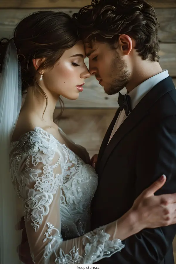 The bride and groom share a tender moment during their wedding ceremony.