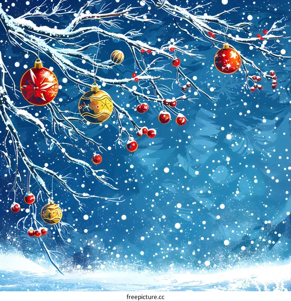 Christmas ornaments hanging on snow covered tree branches