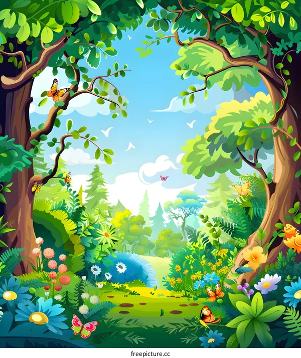 Beautiful Spring Forest Illustration with Butterflies