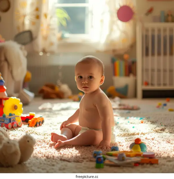 A Cute Baby Sits on the Floor in a Messy Room Full of Toys