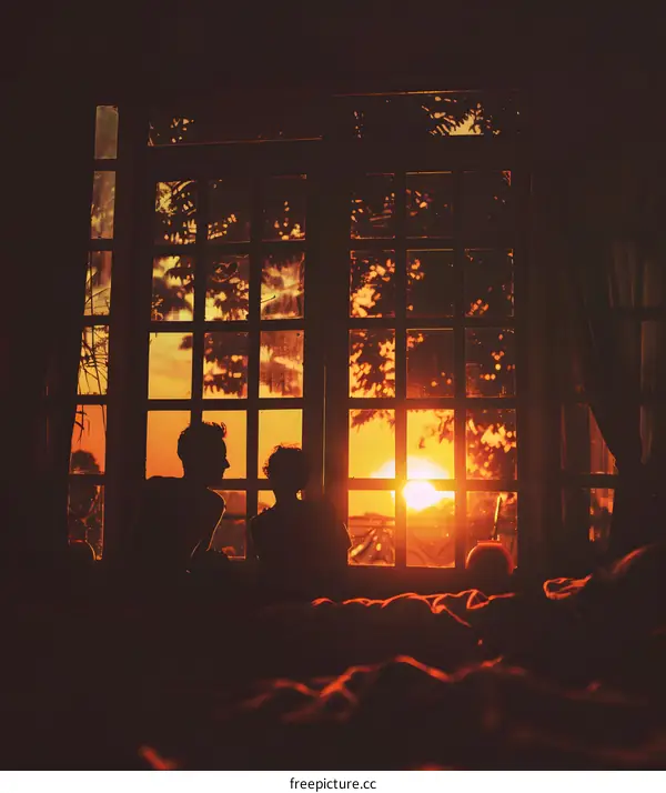 Silhouettes of Two People Looking Out of Window at Sunset