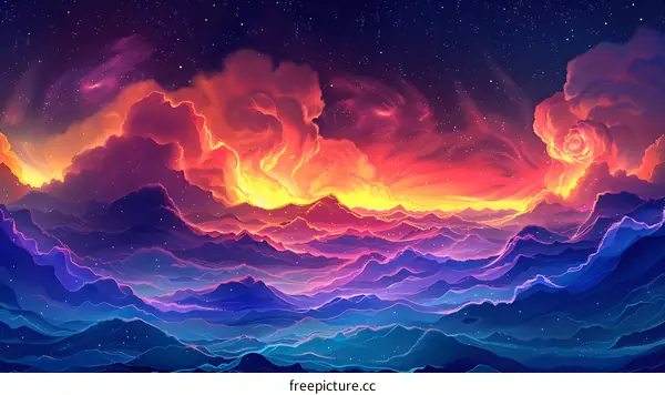 Fantasy landscape with colorful clouds and mountains
