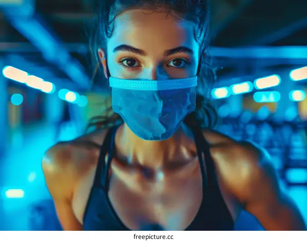 Close up portrait of a young female runner wearing a mask
