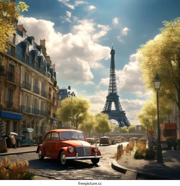 Paris street with Eiffel Tower in the background