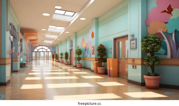 A brightly lit hospital hallway with colorful walls and potted plants