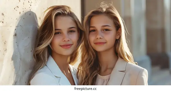 Two Blonde Sisters Smiling at Camera in a City