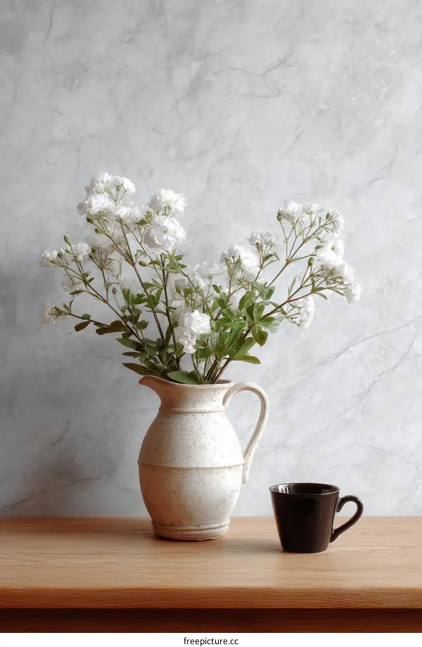 White Flowers in a Vase and a Coffee Cup on a Wooden Table