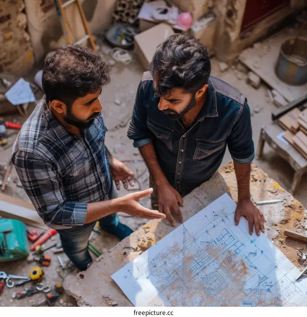 Two construction workers are discussing a building plan