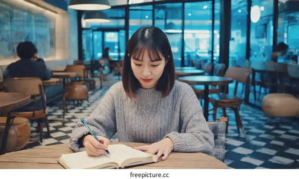 Woman Writing in a Cafe. Asian Woman Working. Study Session. Cafe Atmosphere. Focused Student