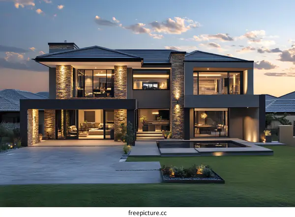 Modern Luxury Home with Swimming Pool and Stone Facade
