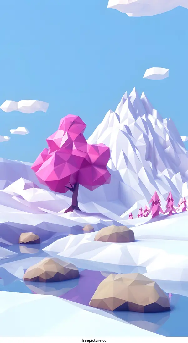 Pink Tree In White Mountain Low Poly Landscape