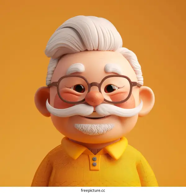 3D rendering of a happy old man with white hair and mustache