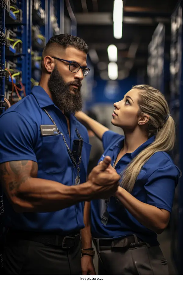 Two IT specialists discussing server room maintenance
