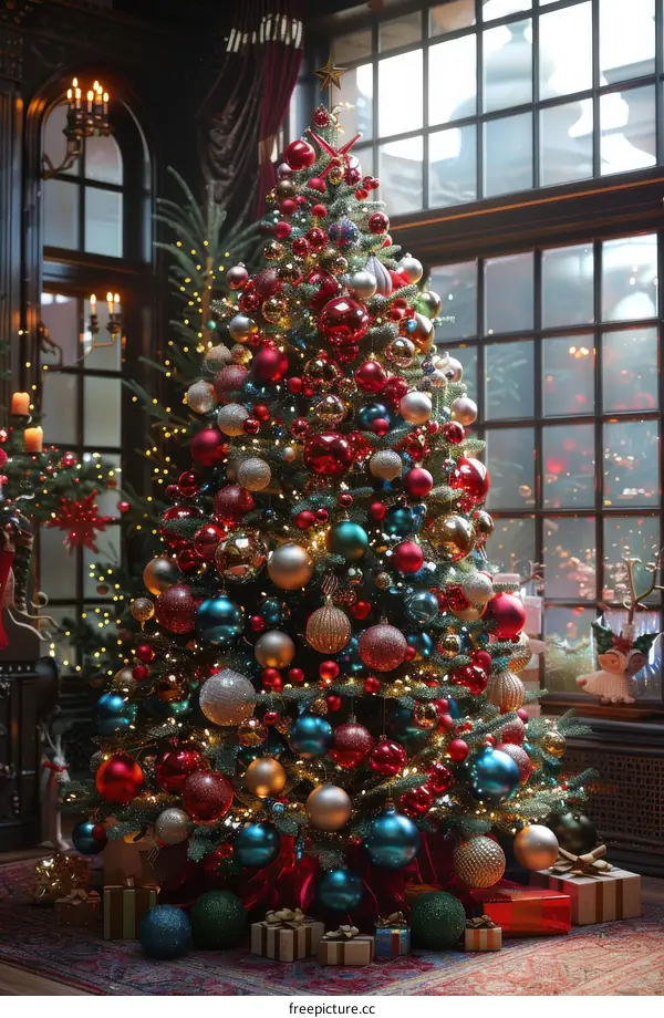 A Christmas tree decorated with lights and ornaments