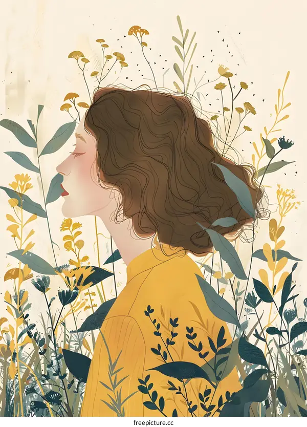 Woman in Yellow Shirt Surrounded by Flowers