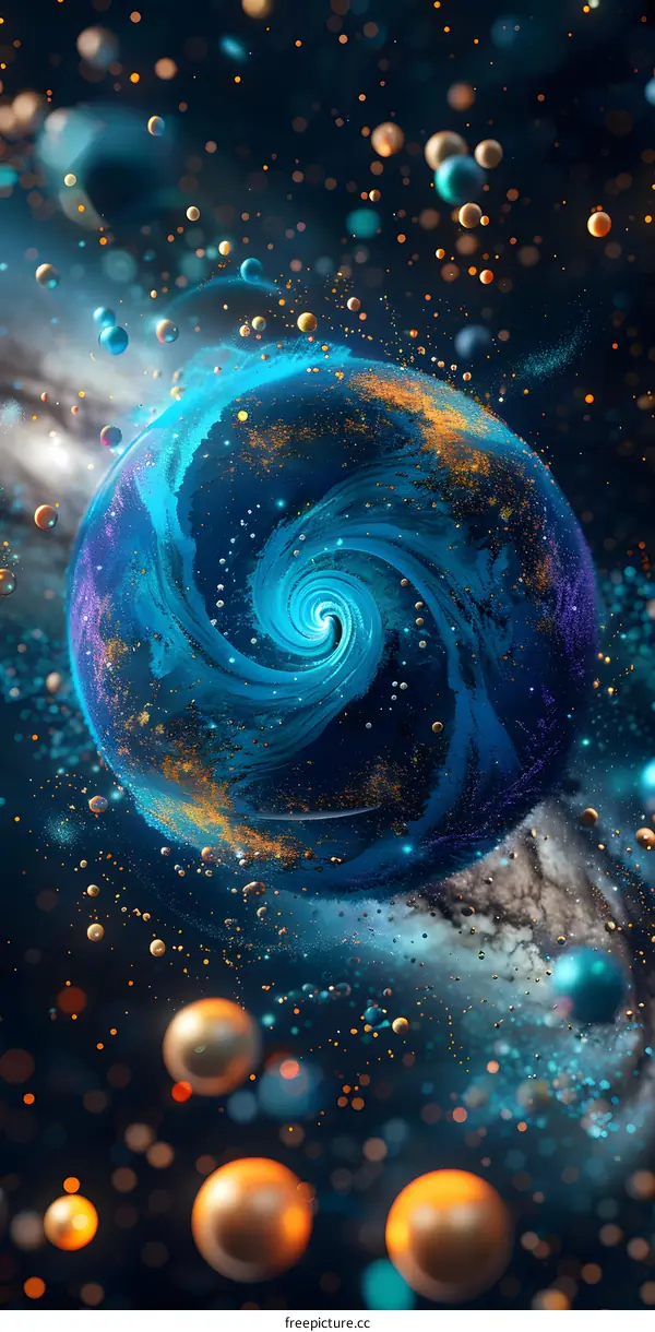 Blue and gold glowing planet with particles