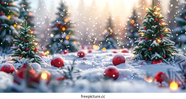 Christmas Trees in a Winter Forest with Red Ornaments