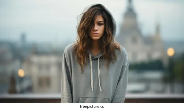 Portrait of a young woman in a gray hoodie looking at the camera with a serious expression on her face