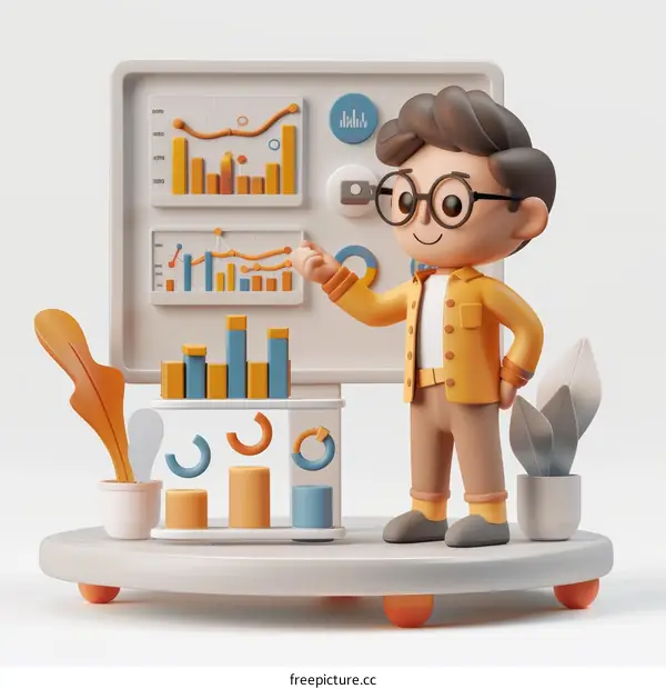 Young Man Presenting Data Analysis on Charts
