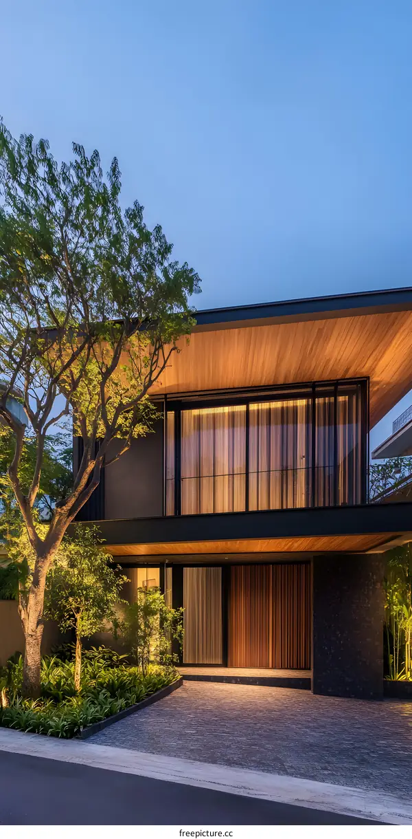 Modern Minimalist House Exterior with Wooden Facade and Green Trees
