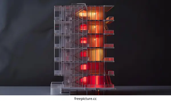 Transparent Model of a Modern Building with Red and Yellow Lighting