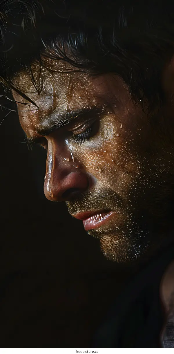 portrait of a man with dark hair and a beard looking down with water on his face