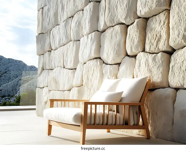 Outdoor Wooden Sofa with Stone Wall Background