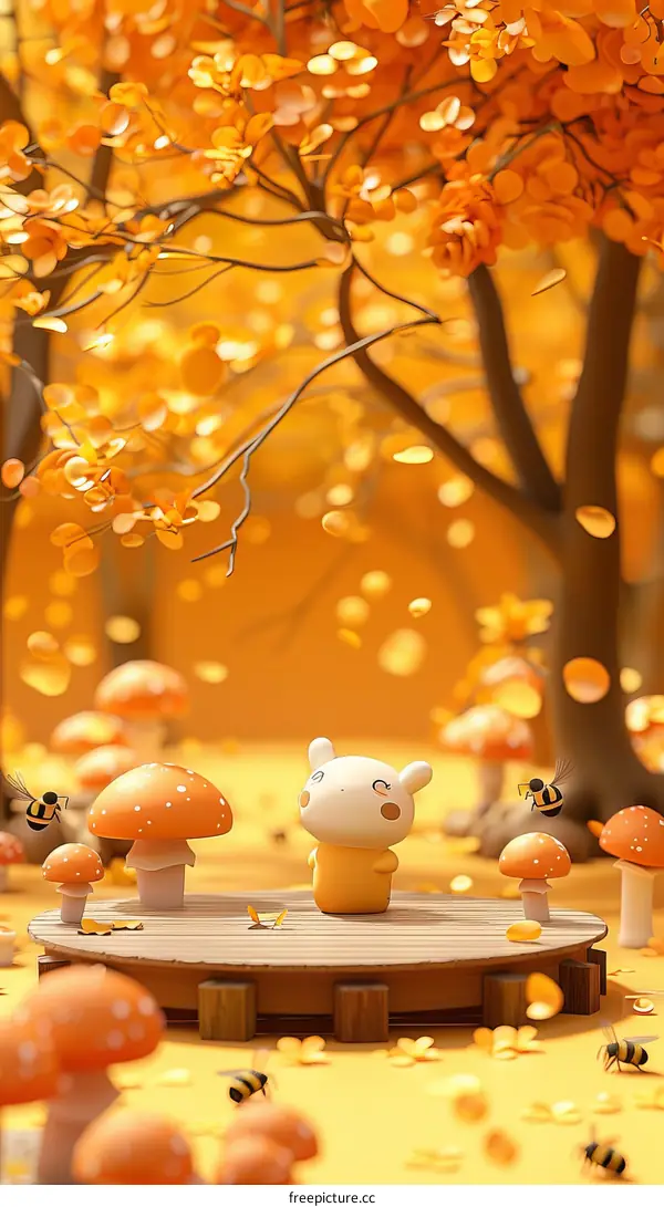 A cute rabbit standing on a wooden table in an autumn forest