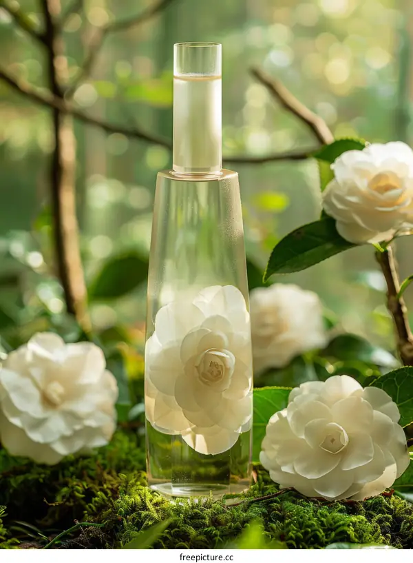 A glass perfume bottle with a white flower inside it, surrounded by white flowers and green leaves.