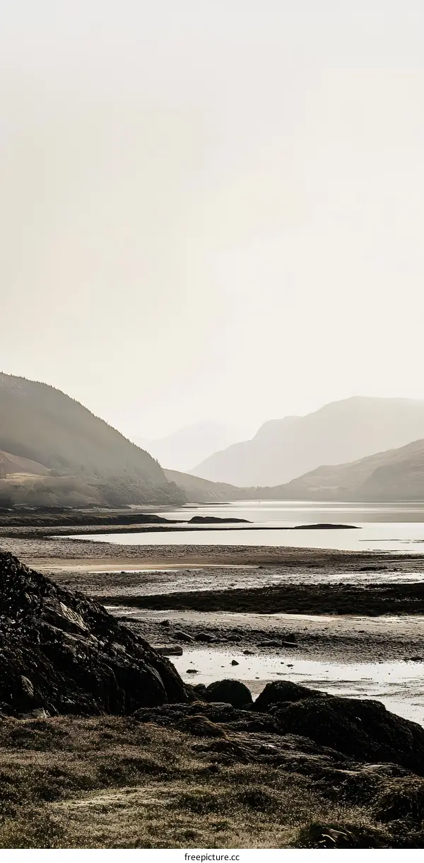 Misty Morning Landscape with Mountains and a Inlet