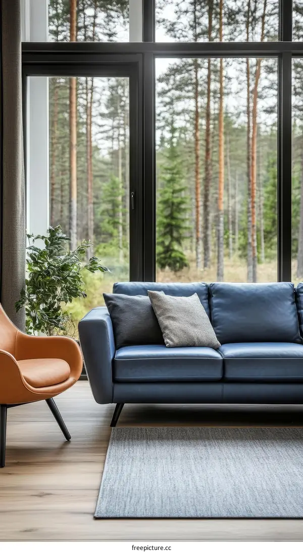 Modern Living Room with Large Windows and a Cozy Sofa