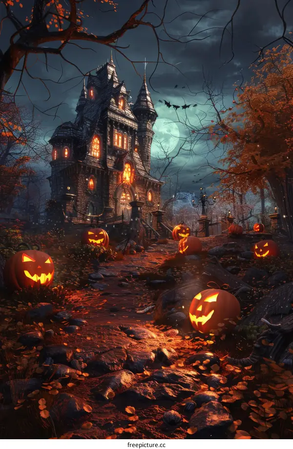 Halloween Jack-o'-Lanterns and Haunted House at Night in Forest