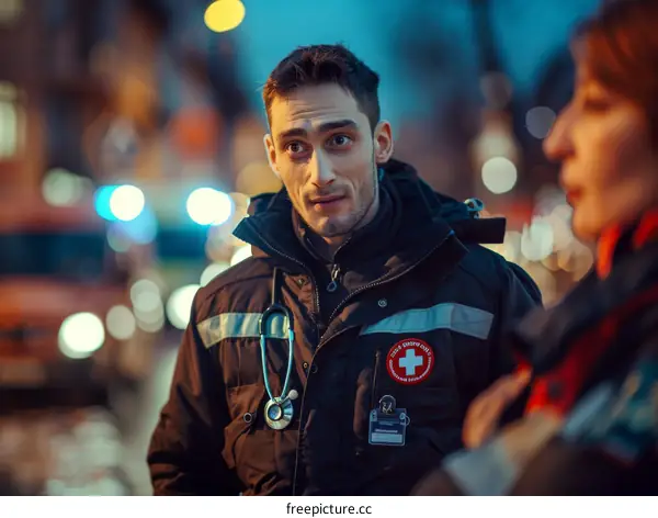 Portrait of a young male paramedic in uniform with a stethoscope around his neck standing in front of an ambulance at night