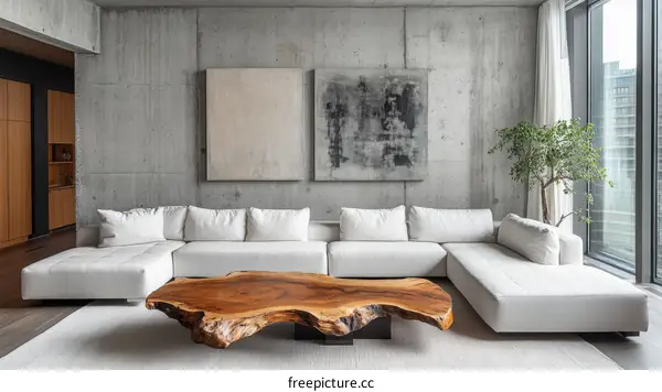 Modern Concrete Living Room with White Sectional Sofa