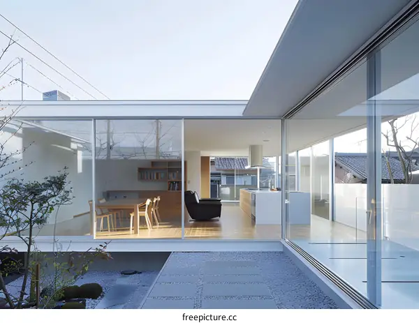 Modern Japanese House with Glass Walls and Gravel Courtyard