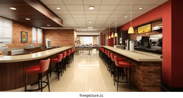 Modern Restaurant Interior Design With Red Chairs and Brick Walls