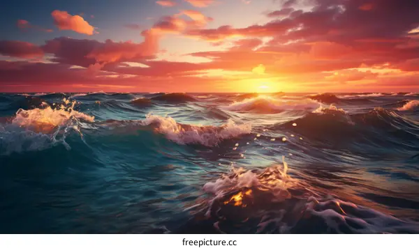 The setting sun creates a beautiful orange sky over the ocean