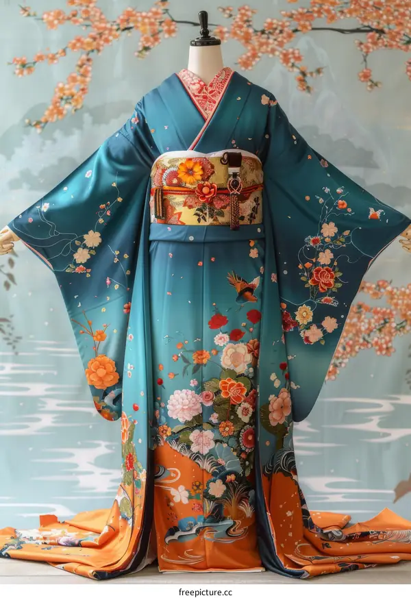 A kimono with a pattern of flowers and birds