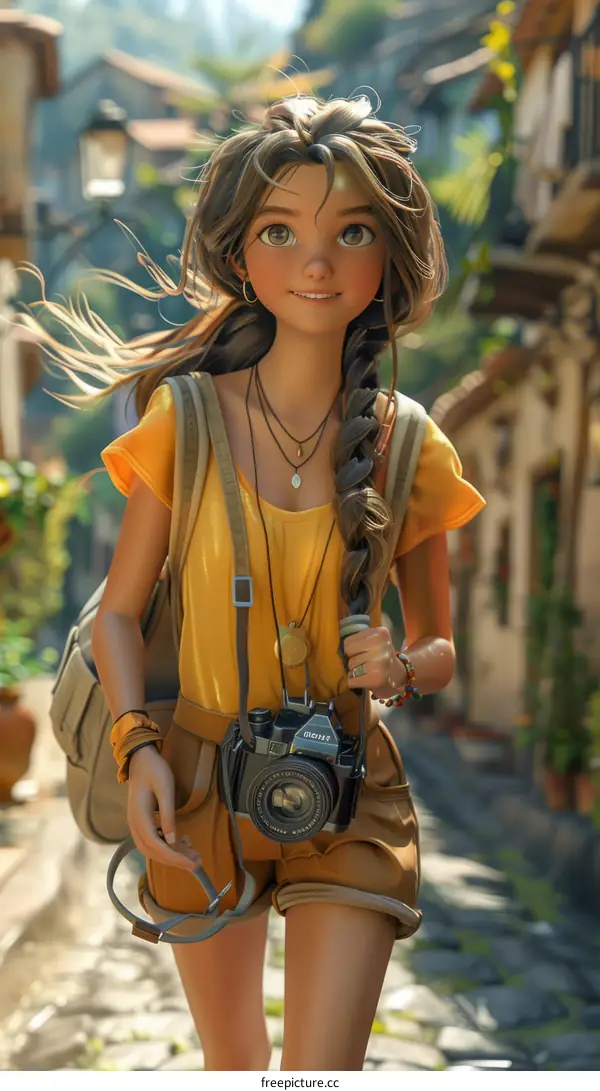 A young girl with long brown hair and brown eyes is walking down a street in a small town. She is wearing a yellow shirt, brown shorts, and a brown bag. She is carrying a camera around her neck.