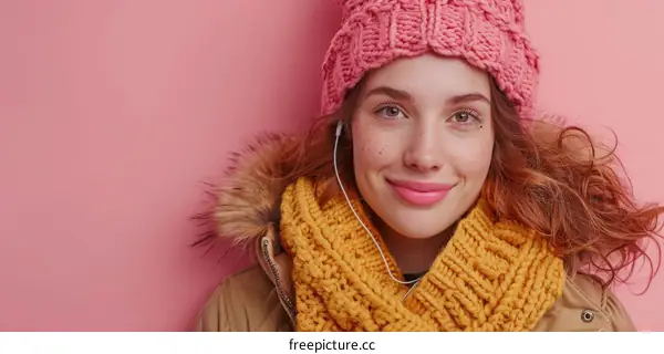 Woman in Pink Knitted Hat and Mustard Yellow Scarf