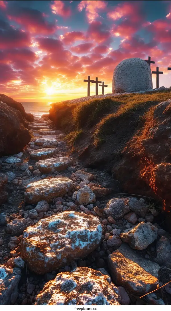 Rocky path to the stone tomb of Jesus Christ at sunset