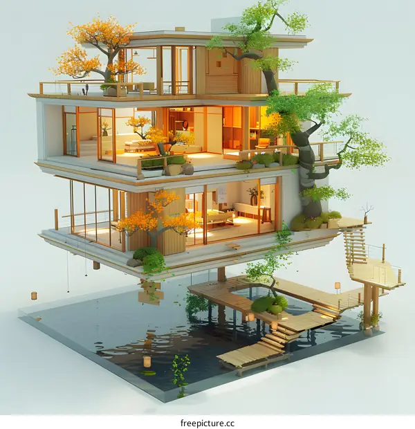 Floating house with autumn trees and a pond