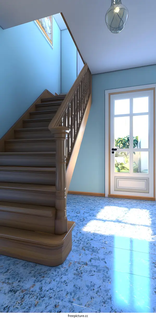 Wooden Staircase Leading Up To A Light Filled Room