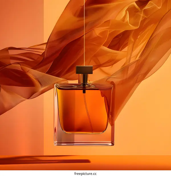 Perfume Bottle with Orange Fabric Background