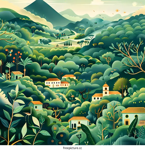 Green Forest Village With Hills in the Background