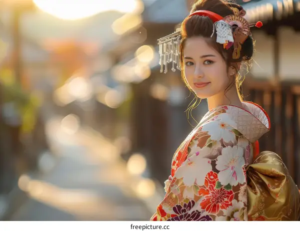 Portrait of a beautiful Japanese woman in traditional kimono