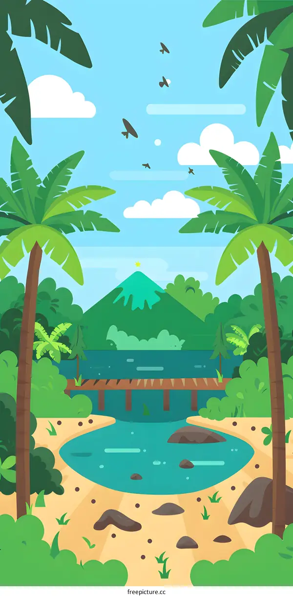 Tropical Paradise Illustration with Palm Trees, Blue Sky, and a Mountain in the Background