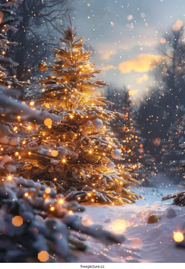 Christmas tree shining in the snowy winter