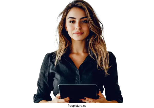 [Transparent Background PNG]Confident Woman Holding Tablet