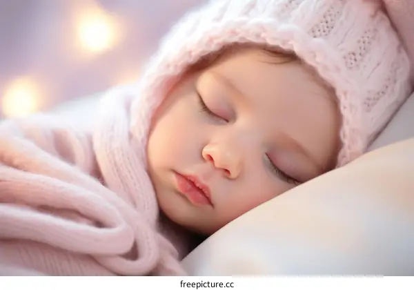 An adorable baby girl sleeping soundly in a pink blanket